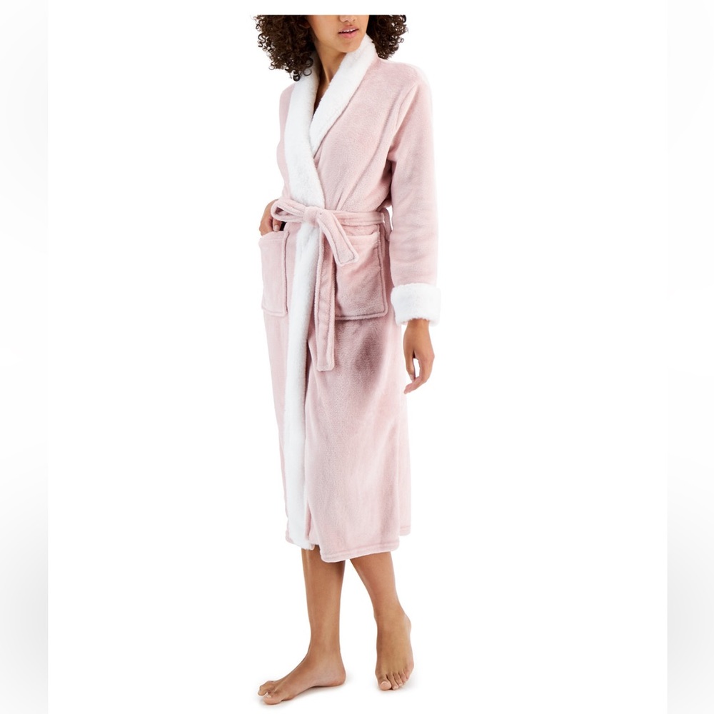 Charter Club Women's Plush Faux-Fur Trim Long Wrap Robe